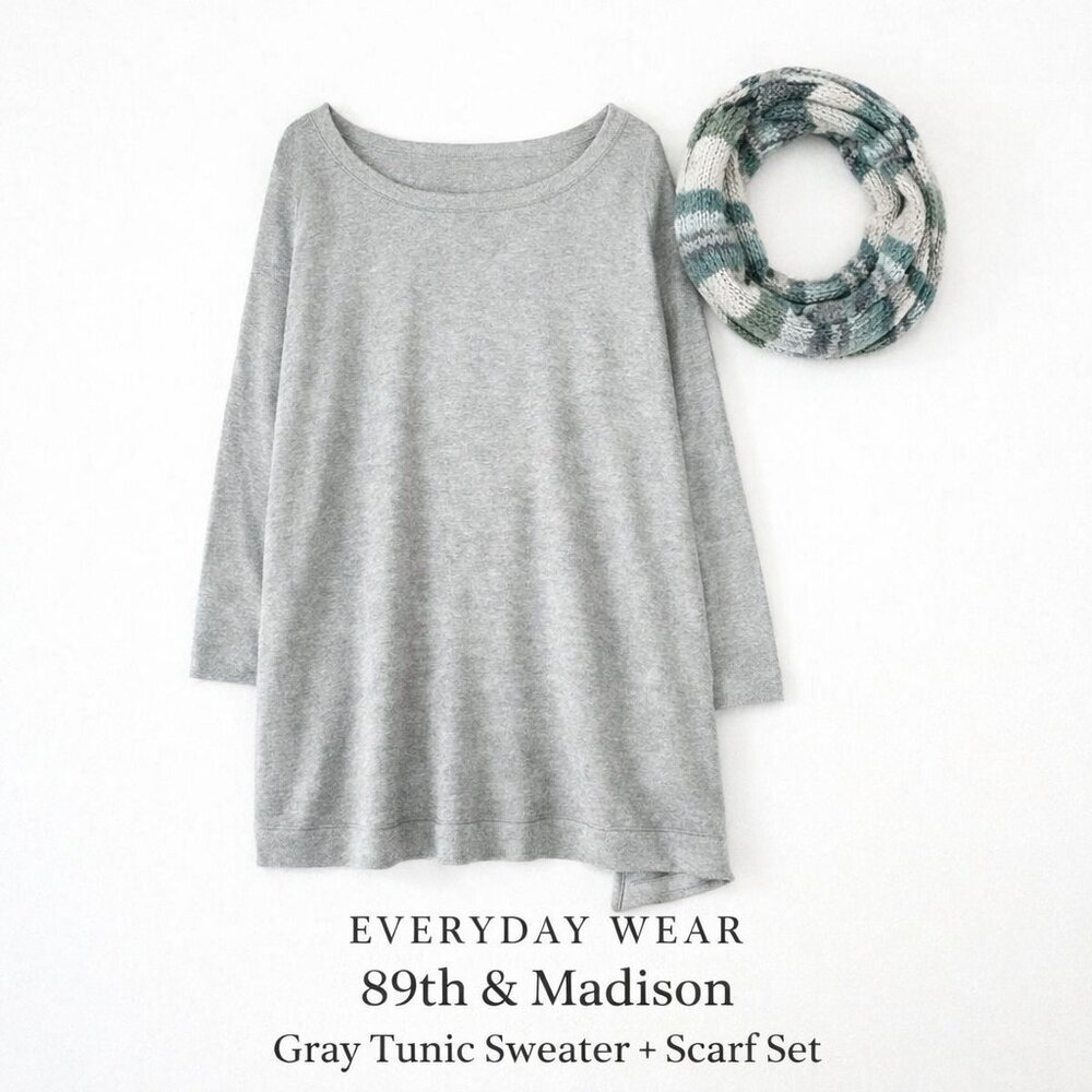 89th & Madison Gray Tunic Sweater + Scarf Set 1X Plus Cozy Knit